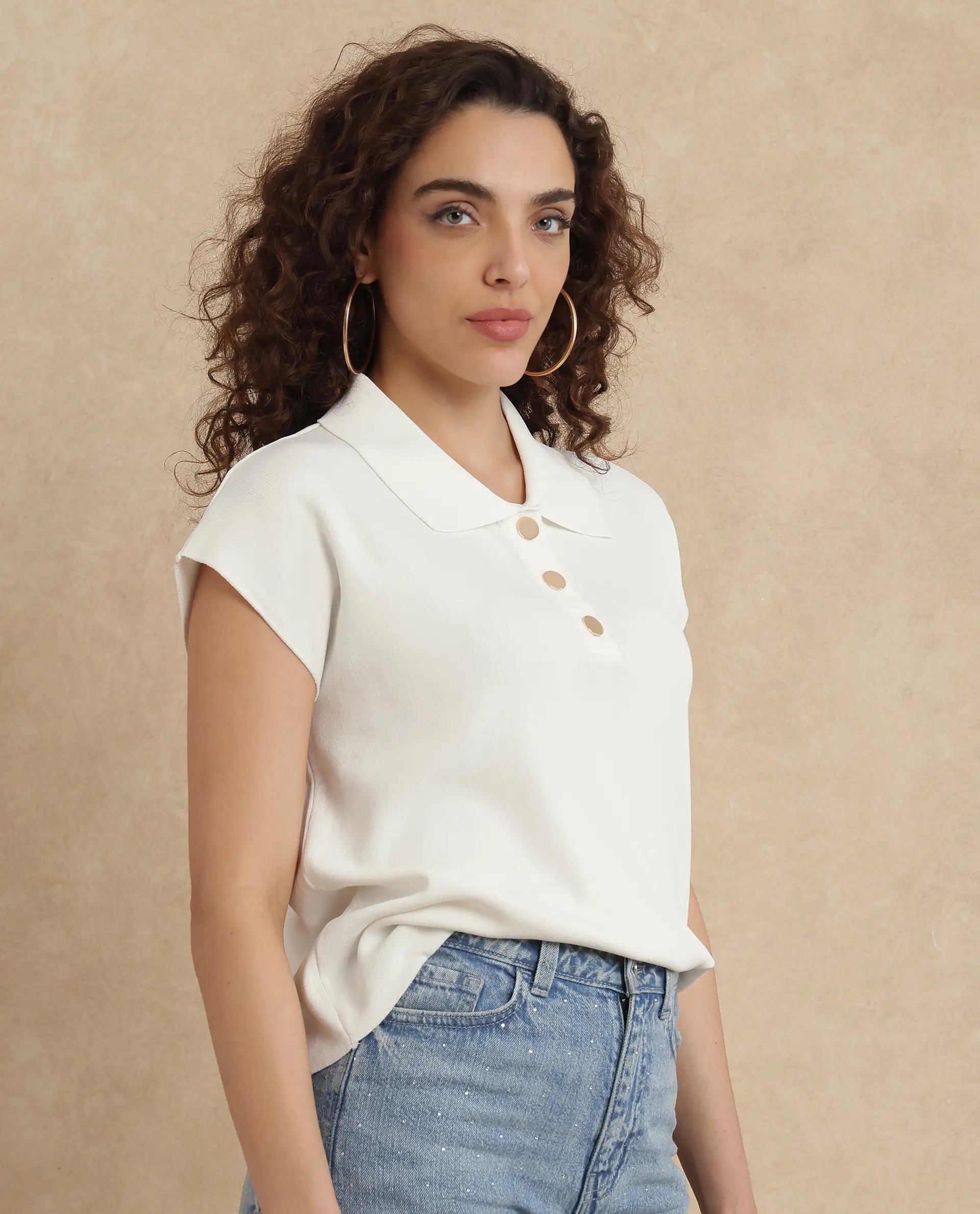 Rareism Women's Prepol Off White Viscose Blend Spread Collar Plain Extended Sleeves Crop Boxy Fit Top