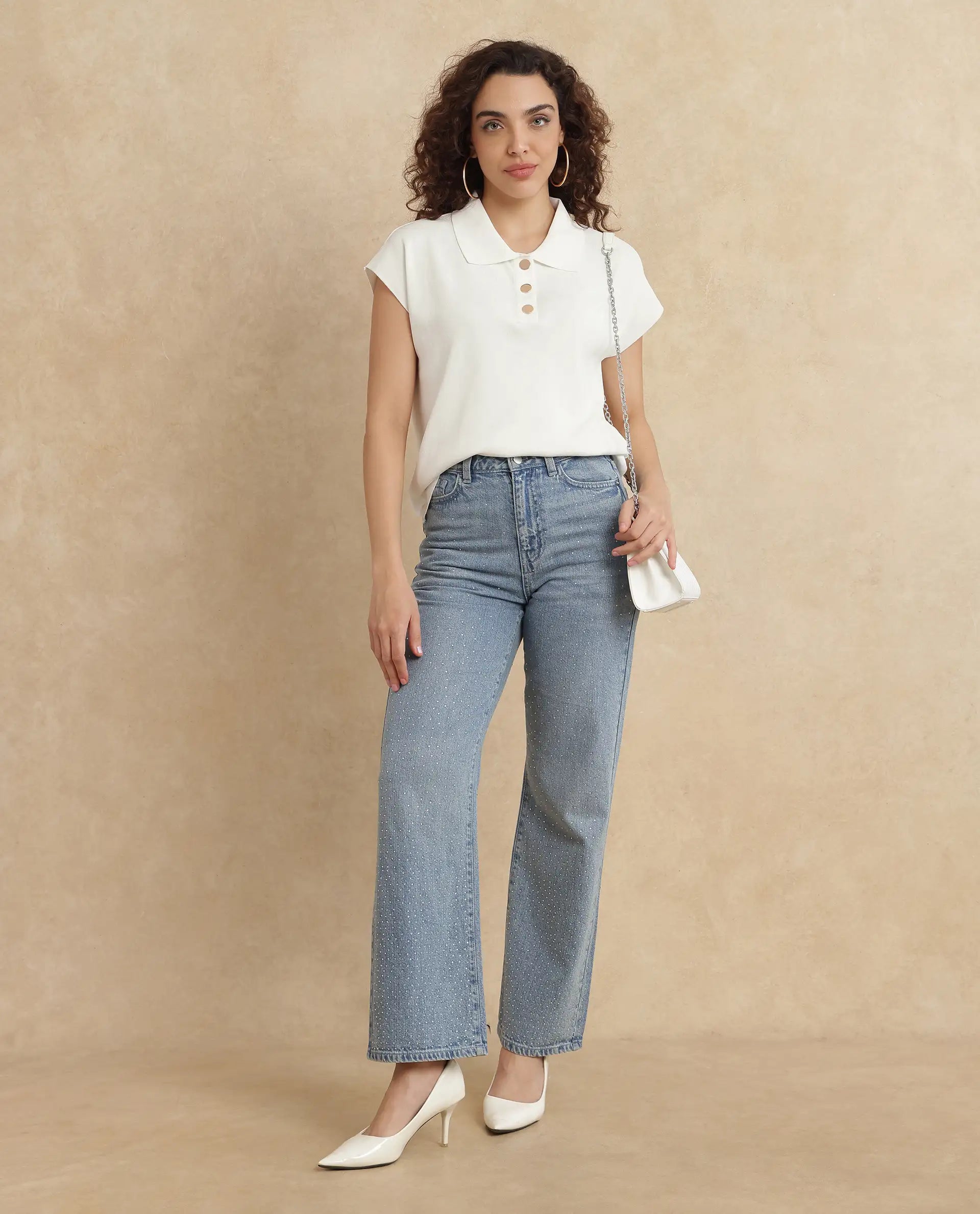 Rareism Women's Prepol Off White Viscose Blend Spread Collar Plain Extended Sleeves Crop Boxy Fit Top