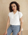 Rareism Women's Prepol Off White Viscose Blend Spread Collar Plain Extended Sleeves Crop Boxy Fit Top