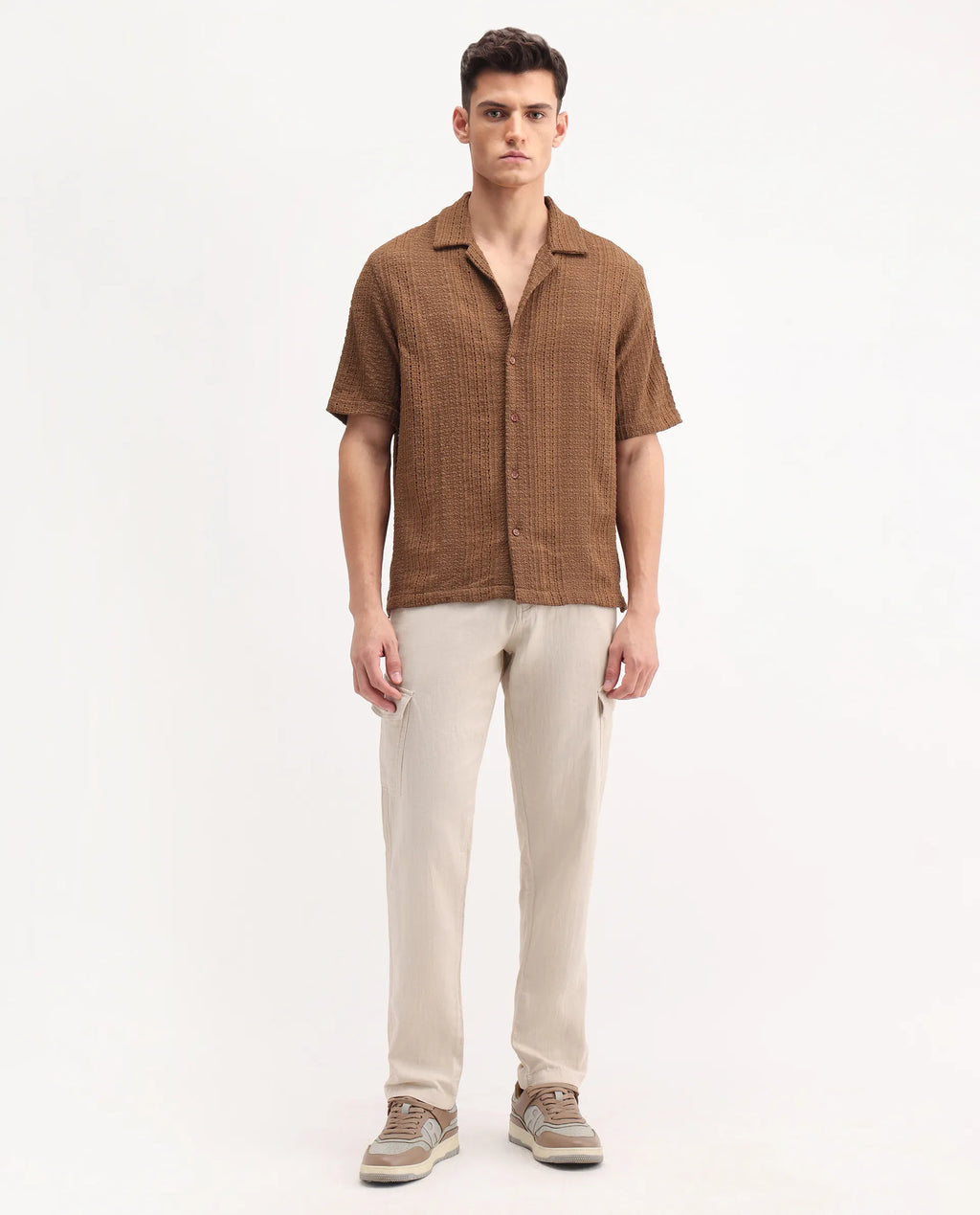Rare Rabbit Men's Presso-25 Beige Cotton Blend Plain Relaxed Fit Trouser