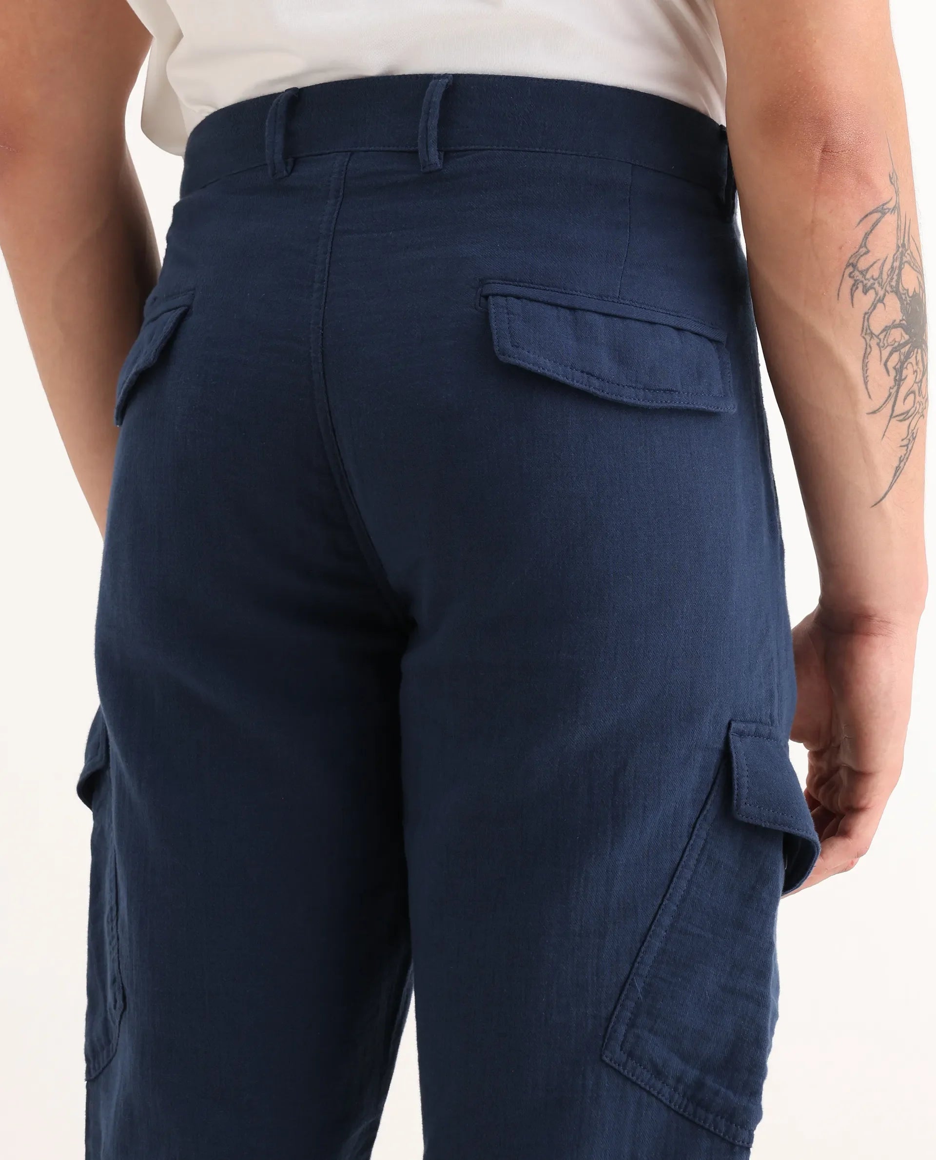 Rare Rabbit Men's Presso-25 Dusky Blue Cotton Blend Plain Relaxed Fit Trouser