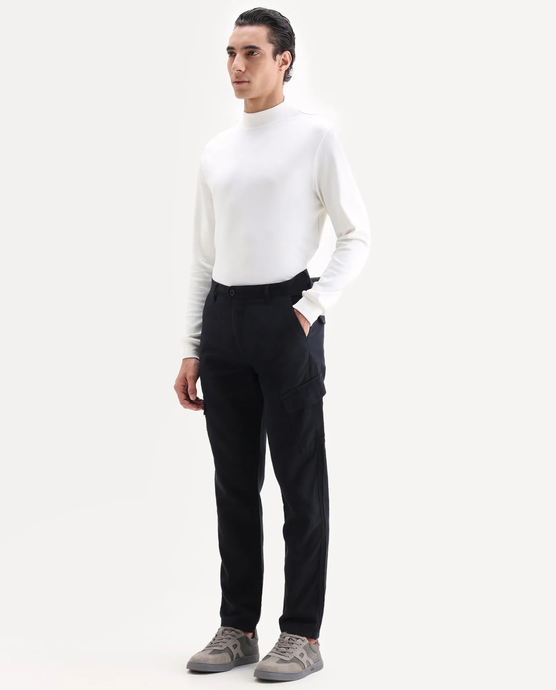Rare Rabbit Men's Presso 25 Black Cotton Blend Plain Relaxed Fit Trouser