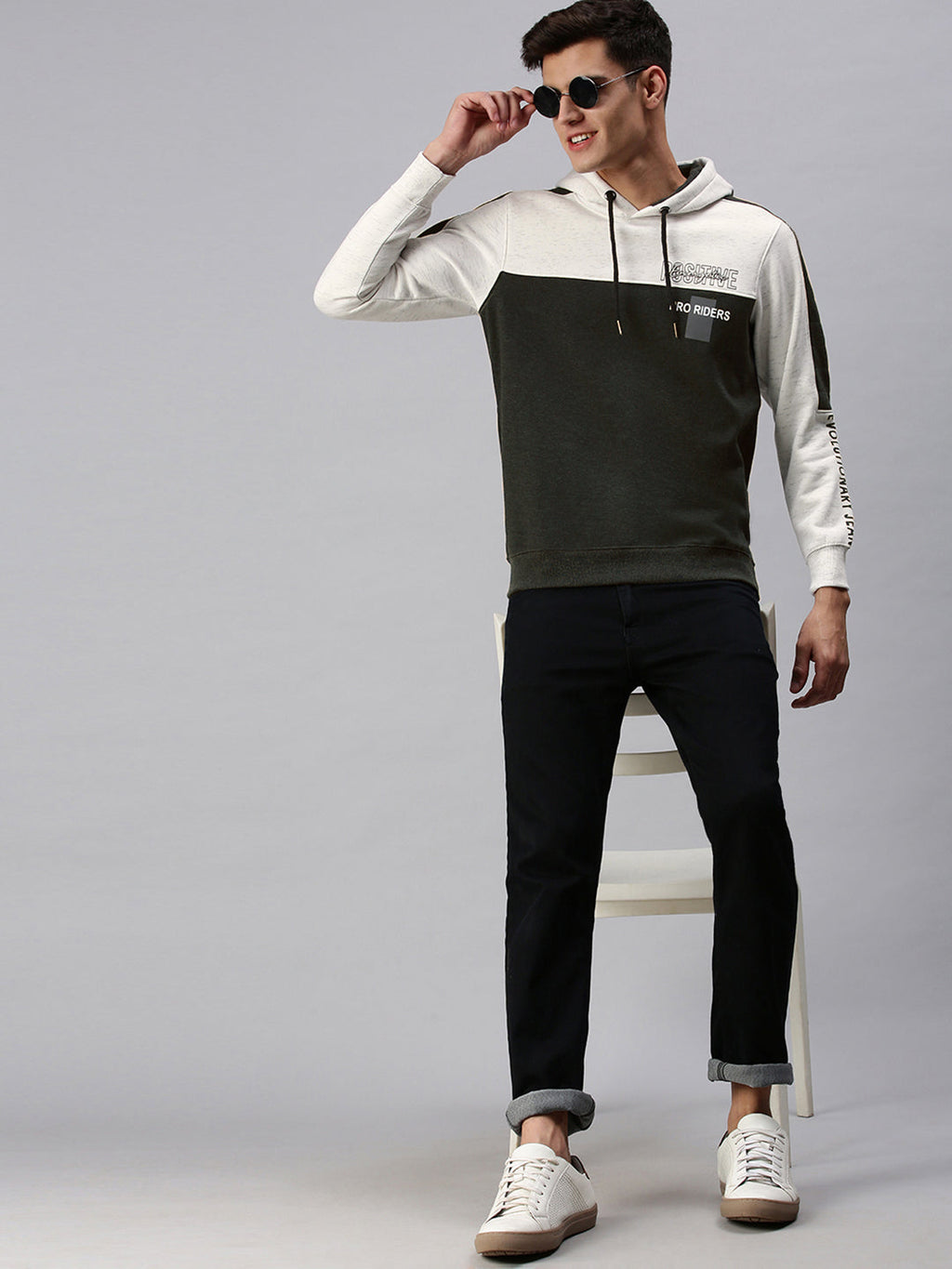 Men's Colourblocked White & Green Hoodie
