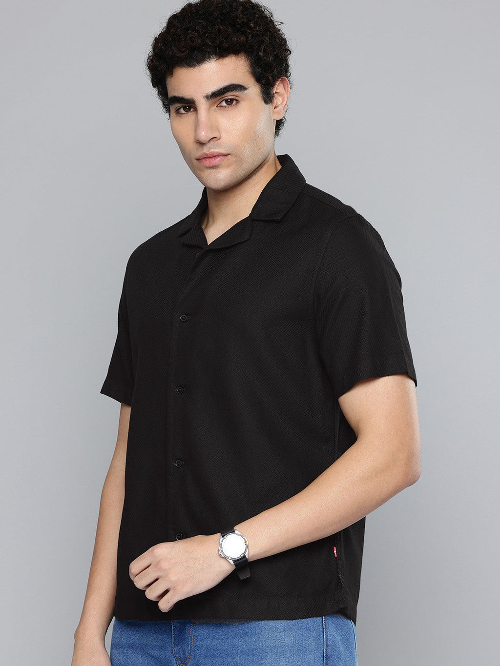Men's Solid Black Spread Collar Shirt