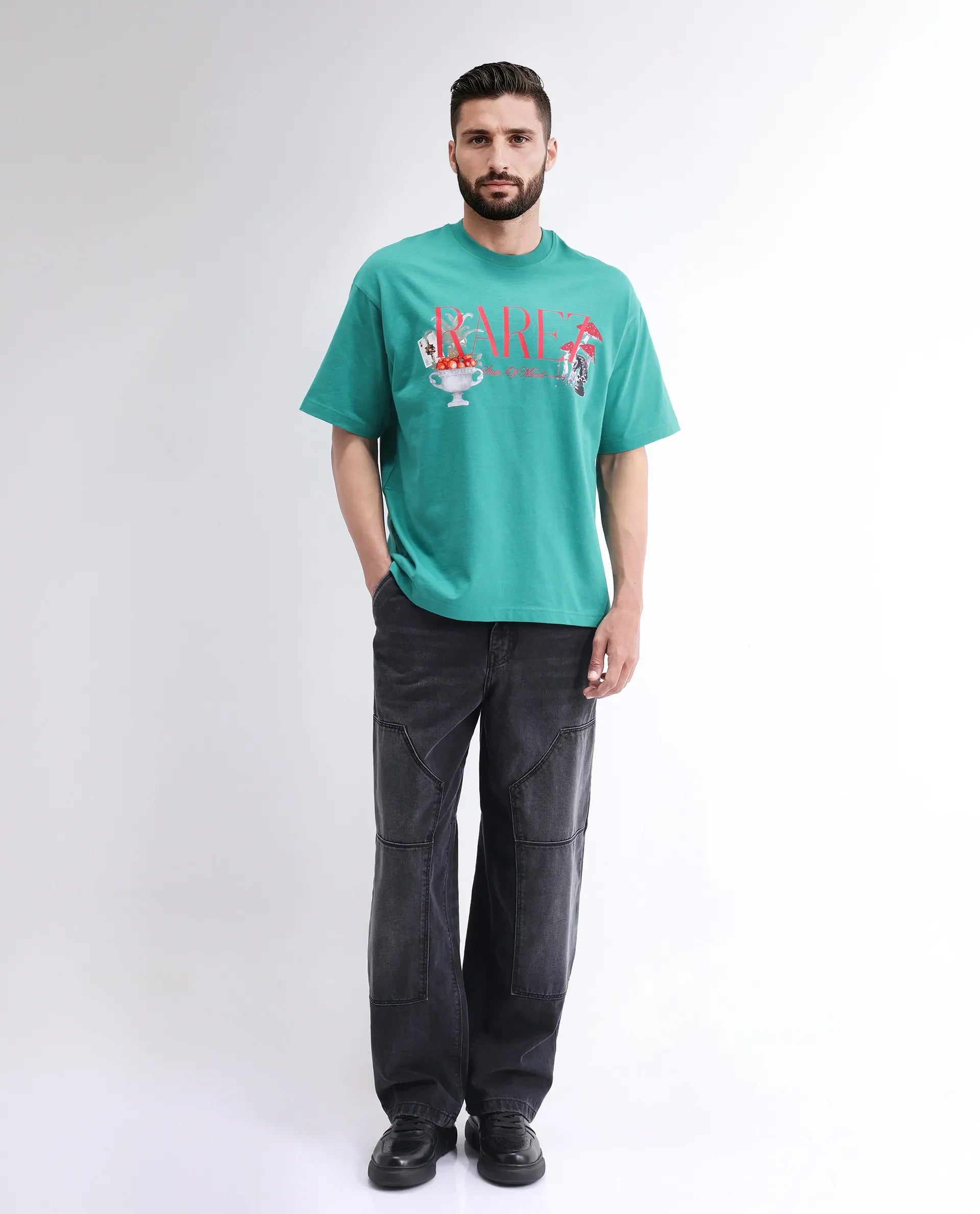 Rare Rabbit Men's Qena Green Cotton Graphic Print Oversized Fit Half Sleeve Crew Neck T-Shirt
