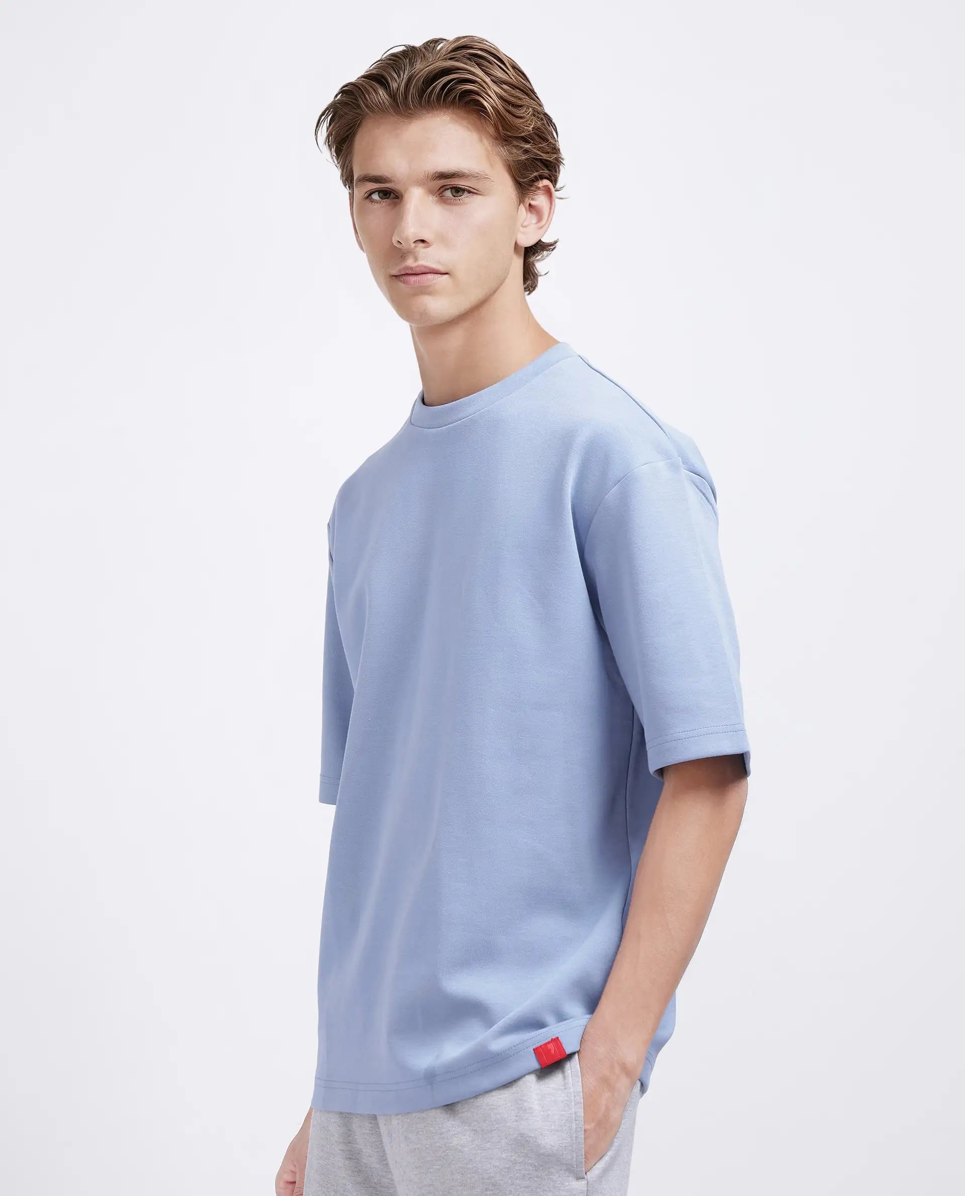 Rare Rabbit Men's Qlos Dusky Blue Cotton Blend Plain Boxy Fit Half Sleeve Crew Neck T-Shirt