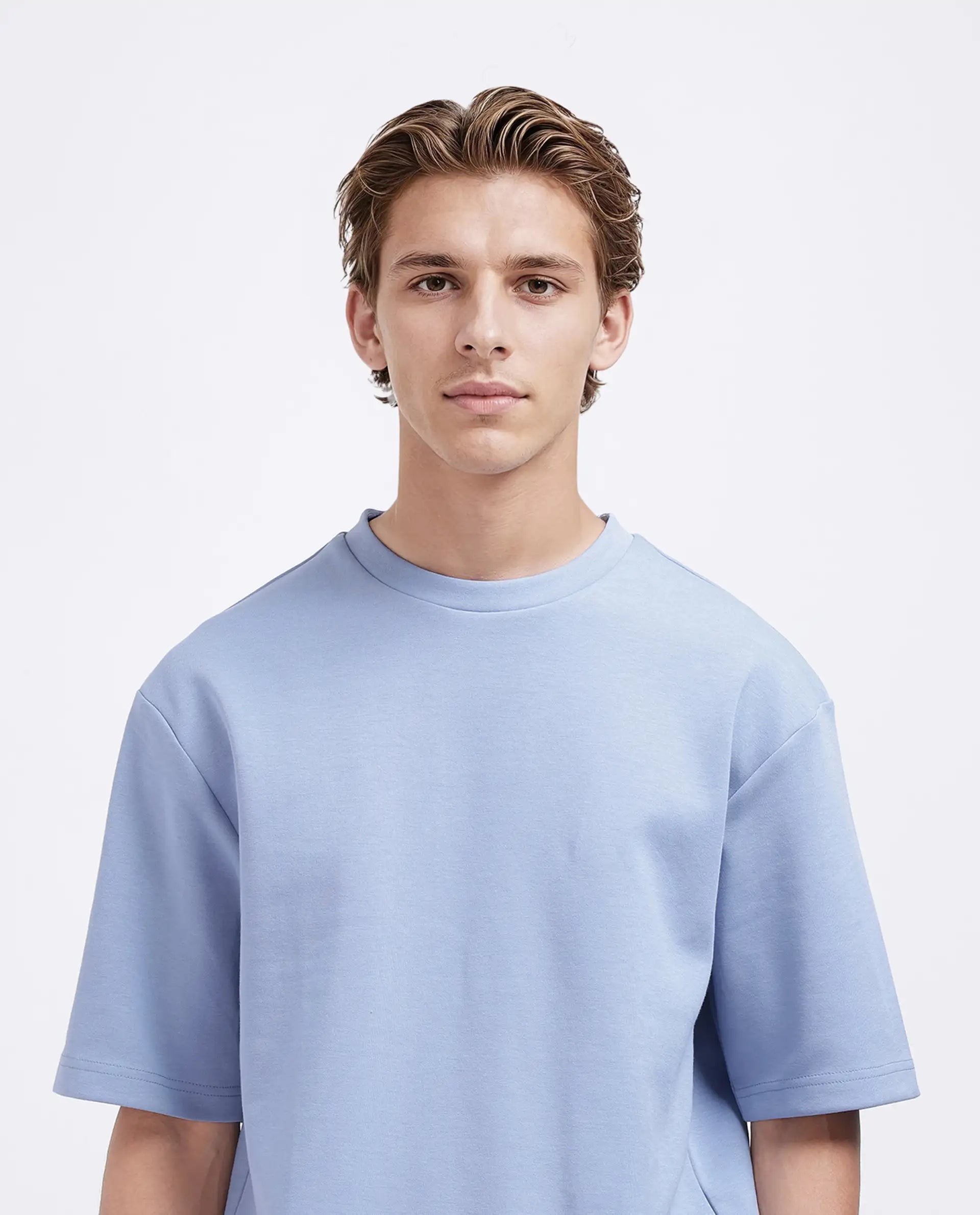 Rare Rabbit Men's Qlos Dusky Blue Cotton Blend Plain Boxy Fit Half Sleeve Crew Neck T-Shirt