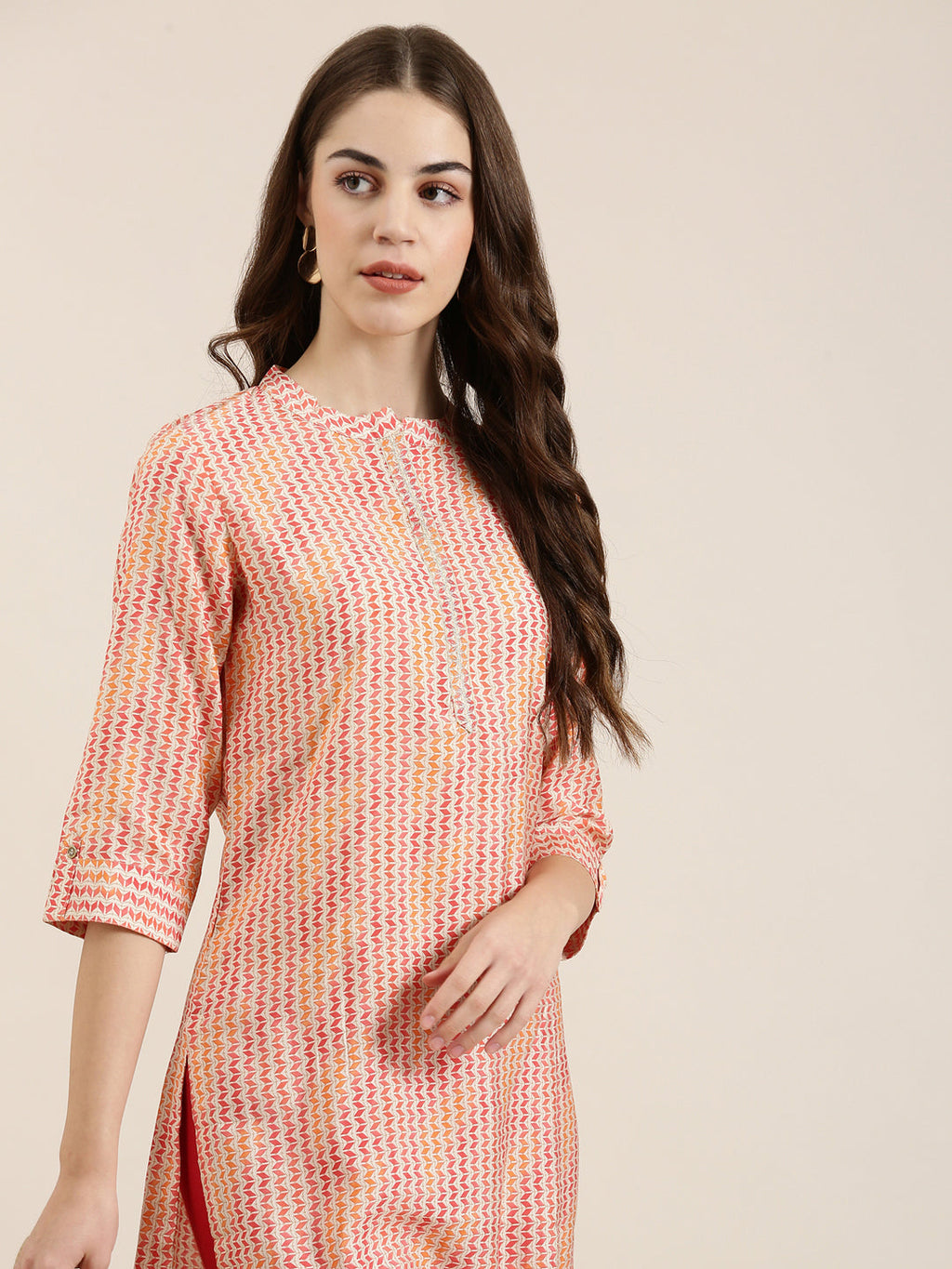 Women's Multi Geometrical Mandarin Collar Roll-Up Sleeves Straight Kurta