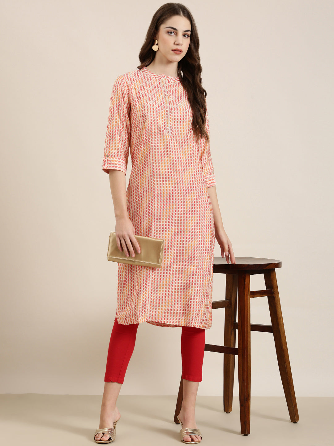 Women's Multi Geometrical Mandarin Collar Roll-Up Sleeves Straight Kurta