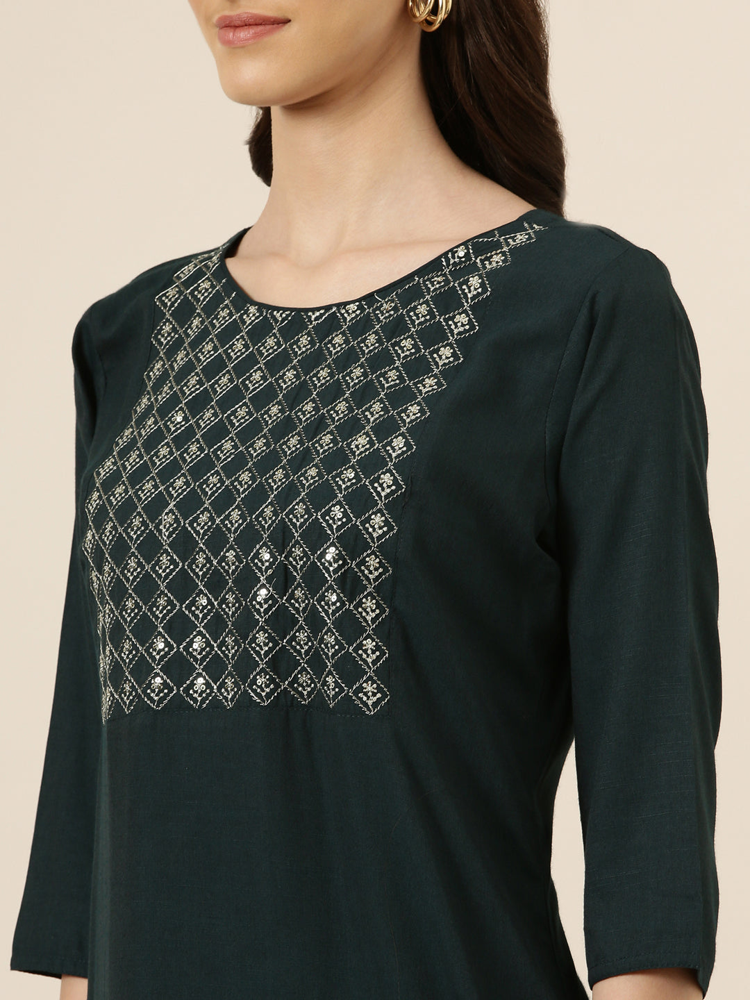 Women's Teal Floral Sequinned Straight Kurta