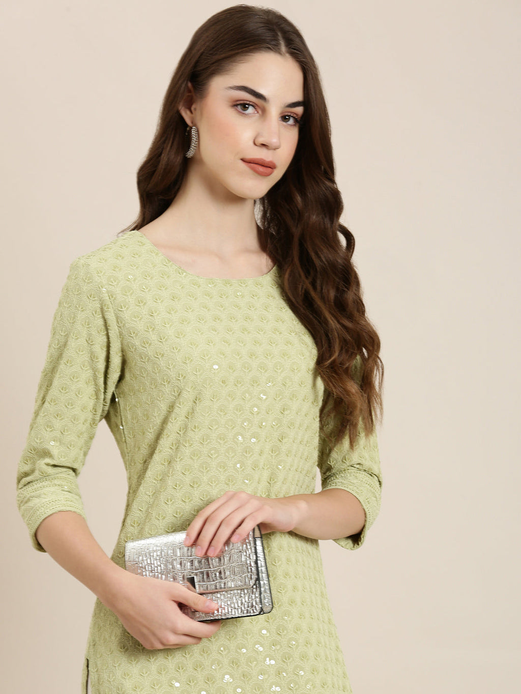 Women's Lime Green Floral Embroidered Sequinned Cotton Straight Kurta