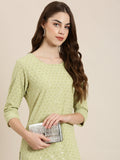 Women's Lime Green Floral Embroidered Sequinned Cotton Straight Kurta
