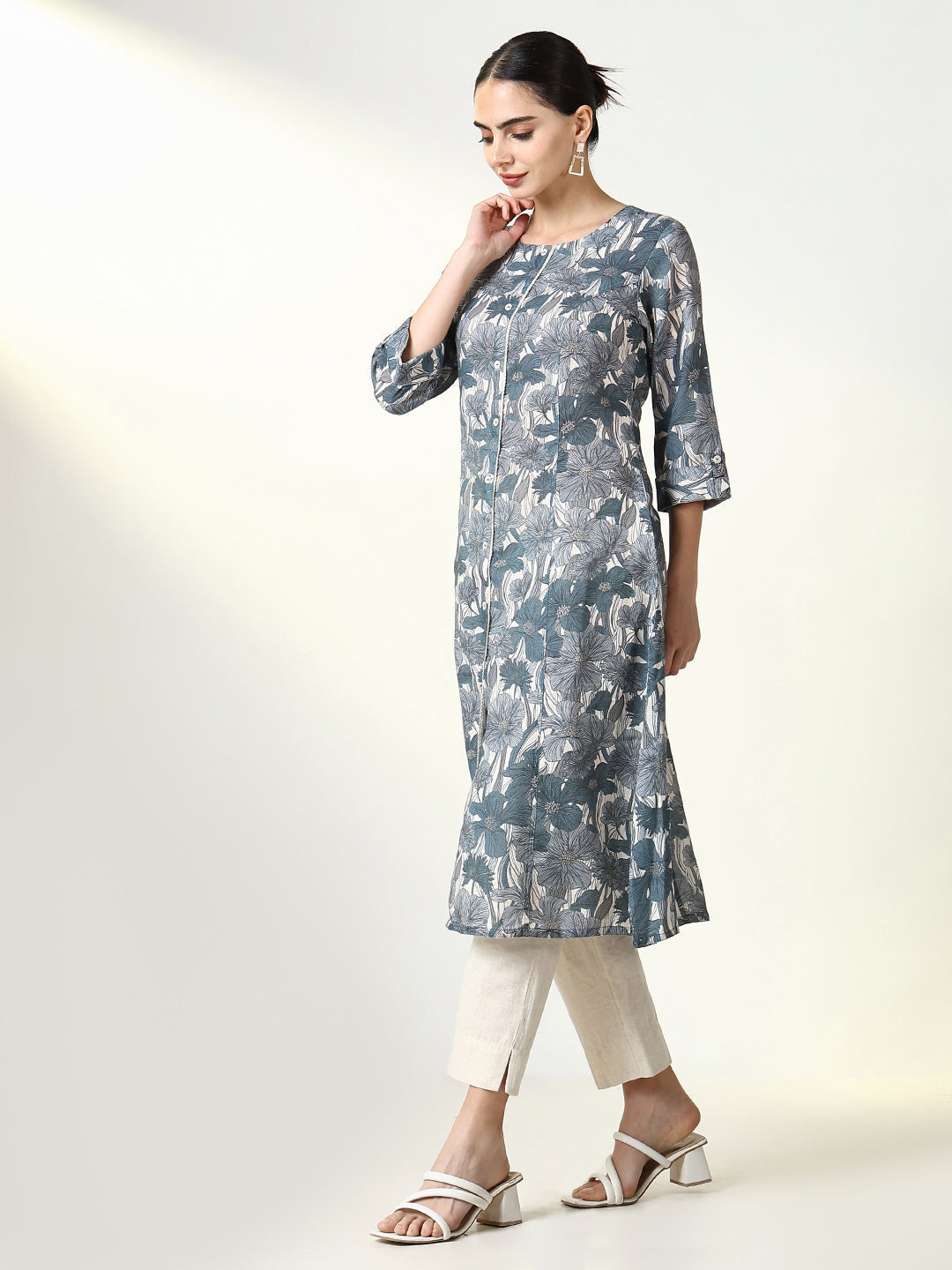 Women's Grey Floral A Line Kurta