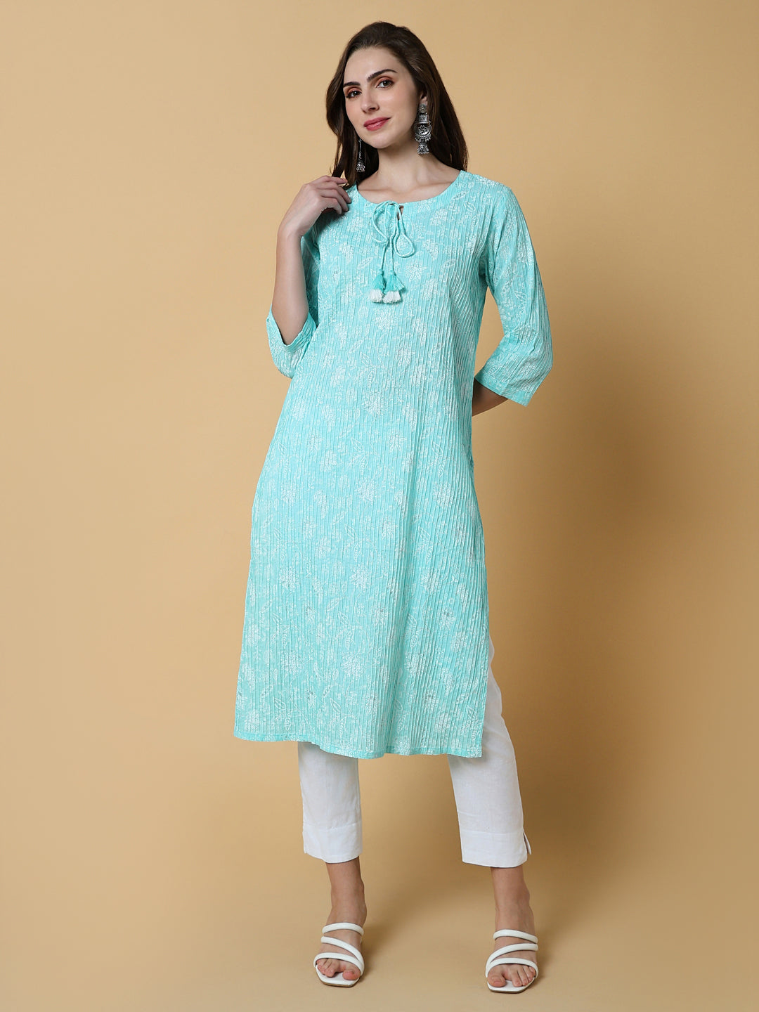 Women's Blue Floral Straight Kurta