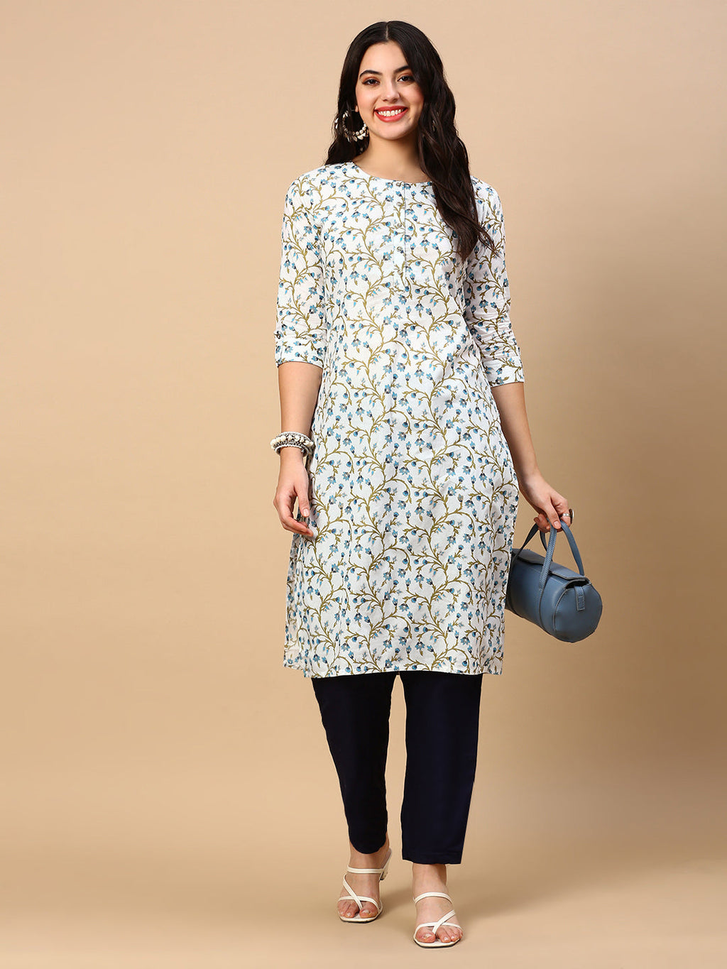 Women's White Floral Straight Kurta