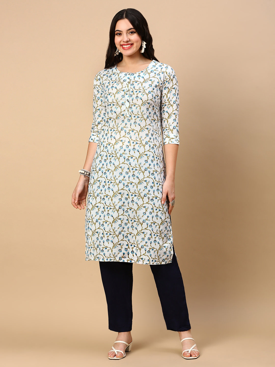 Women's White Floral Straight Kurta