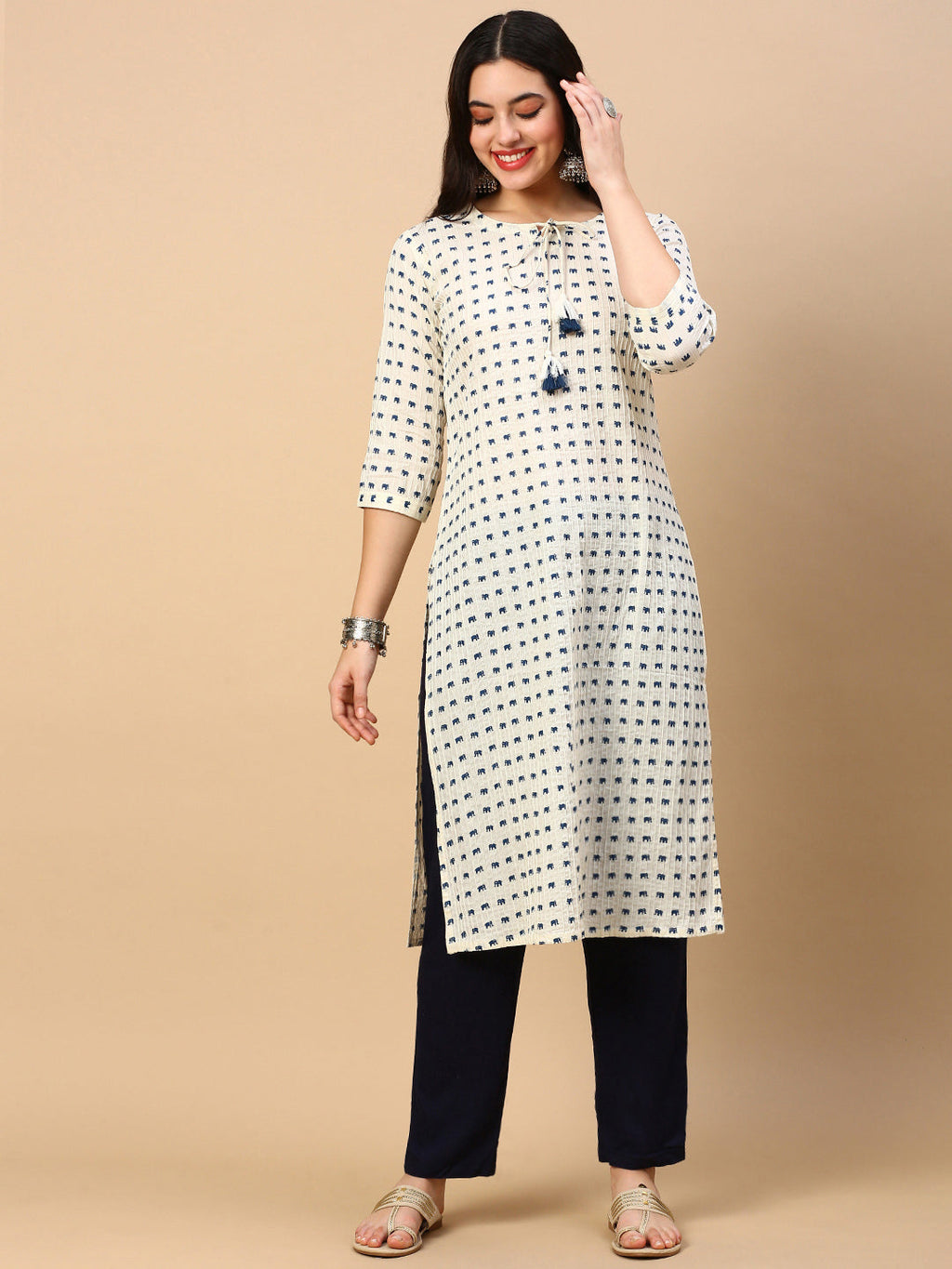 Women's Cream Graphic Straight Kurta