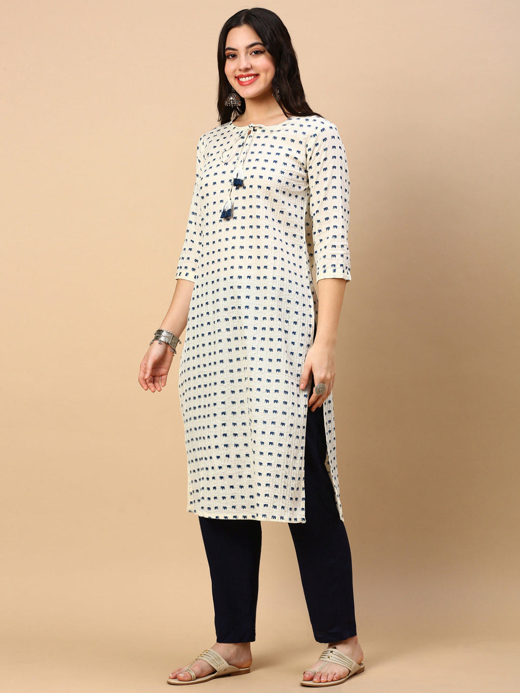 Women's Cream Graphic Straight Kurta