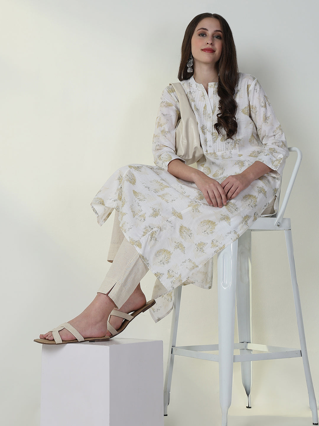 Women's White Abstract A Line Kurta