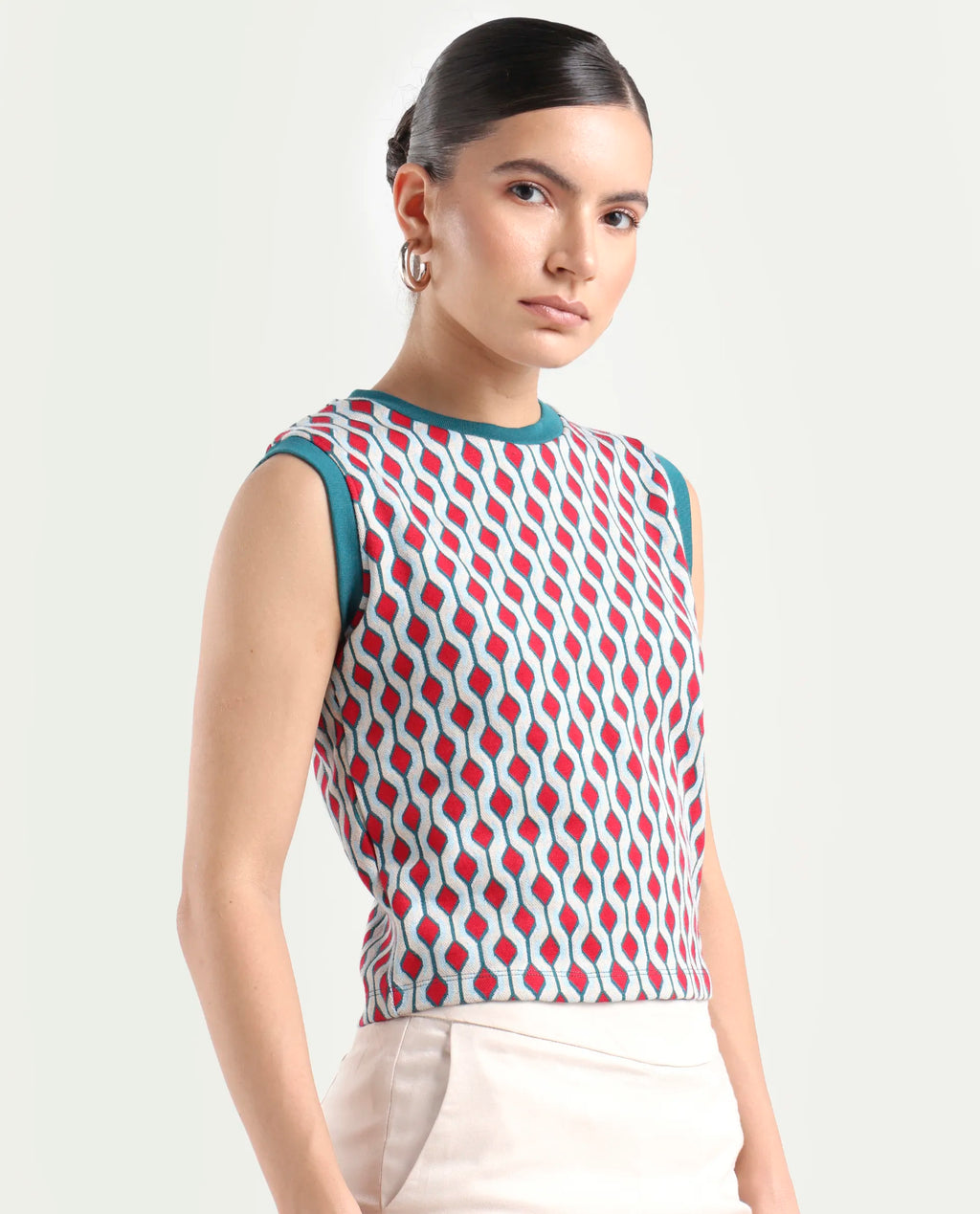 Rareism Women's Rako Multi Cotton Crew Neck Geometric Print Sleeveless Slim Fit Top