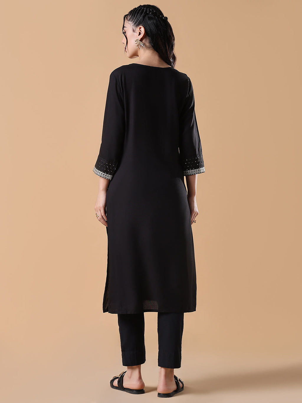 Women's Black Solid Cotton Silk Straight Kurta