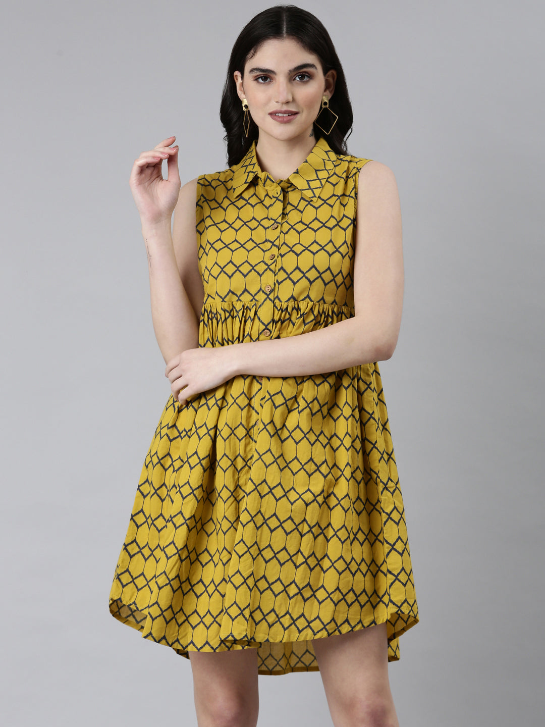 Women's Mustard Geometric Printed Shirt Collar Sleeveless Cotton Shirt Style Dress