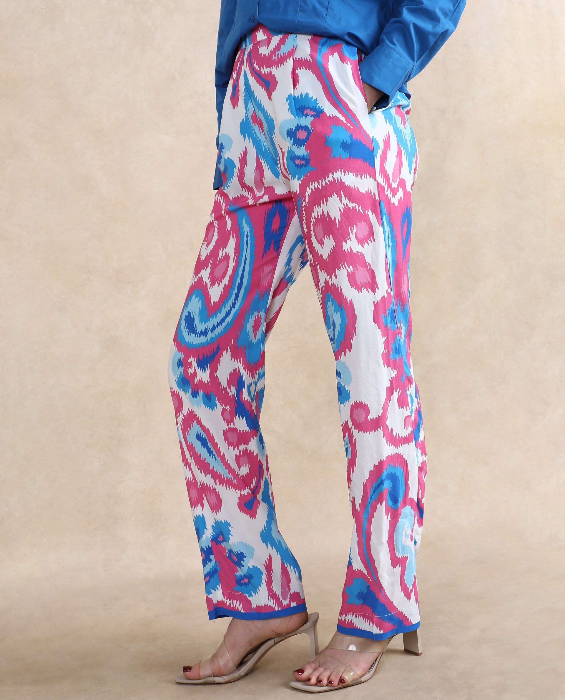 Rareism Women's Repio-B Pastel Multi Viscose Abstract Print Ankle Length Straight Fit Trouser