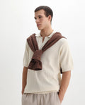 Rare Rabbit Men's Rera Off White Cotton Textured Oversized Fit Half Sleeve Polo