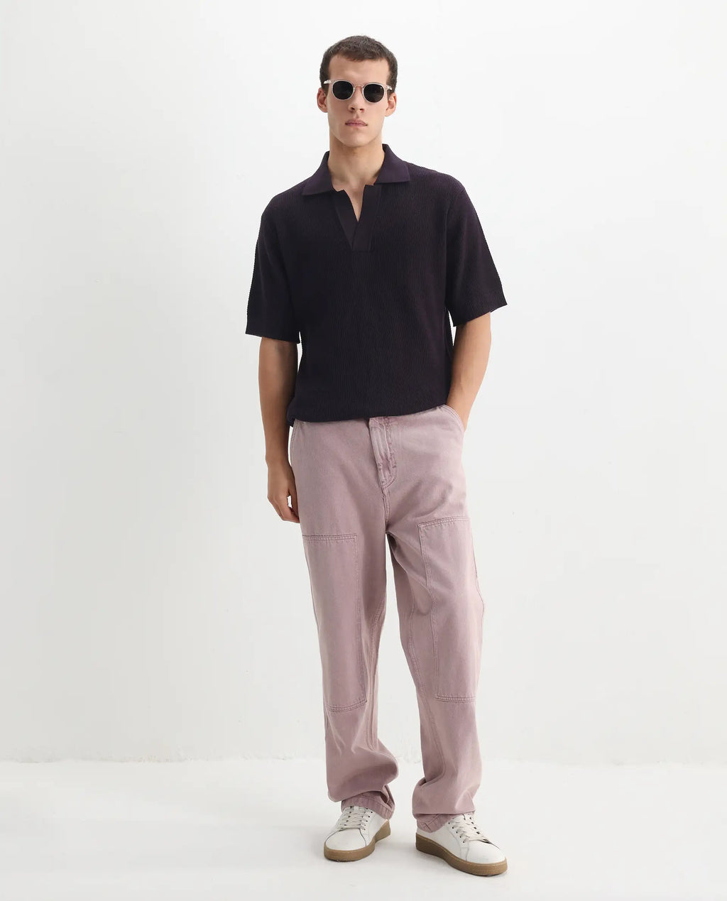 Rare Rabbit Men's Rera Dark Purple Cotton Textured Oversized Fit Half Sleeve Polo