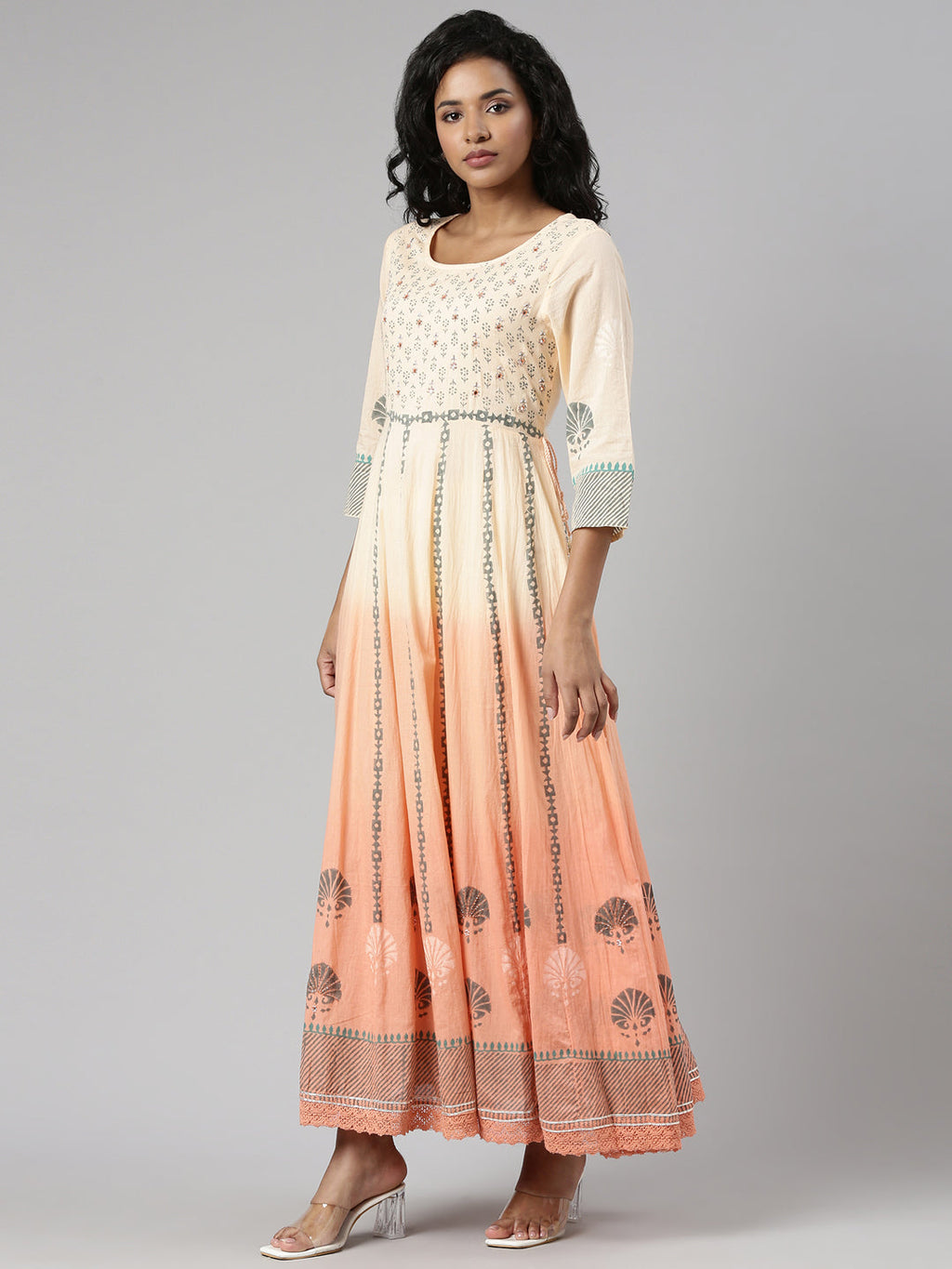 Women's Orange Ethnic Motifs Printed Cotton Empire Kurta