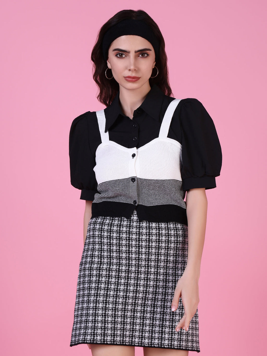 Women's Black Puff Sleeve Shirt Style Top