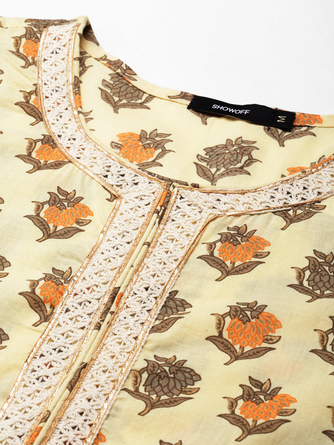 Women's Cream Floral Printed Lace Inserted Tiered Cotton Anarkali Kurta