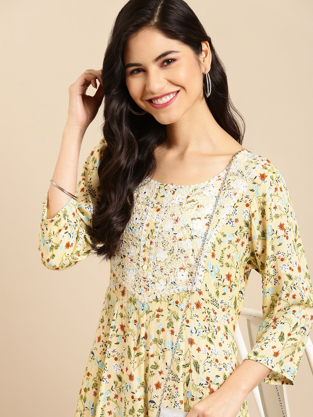 Women's Yellow Floral Printed A-Line Kurta