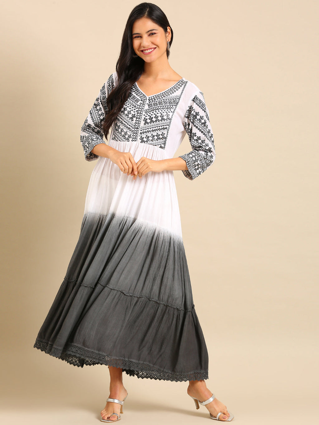 Women's White Embellished Mirror Work Anarkali Kurta
