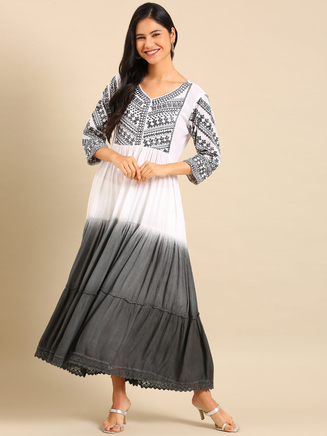 Women's White Embellished Mirror Work Anarkali Kurta