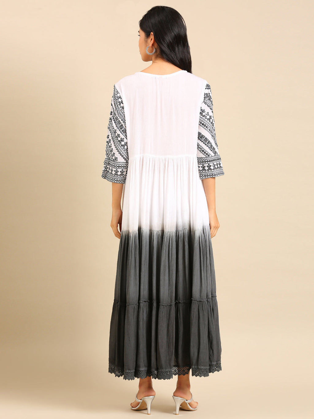 Women's White Embellished Mirror Work Anarkali Kurta