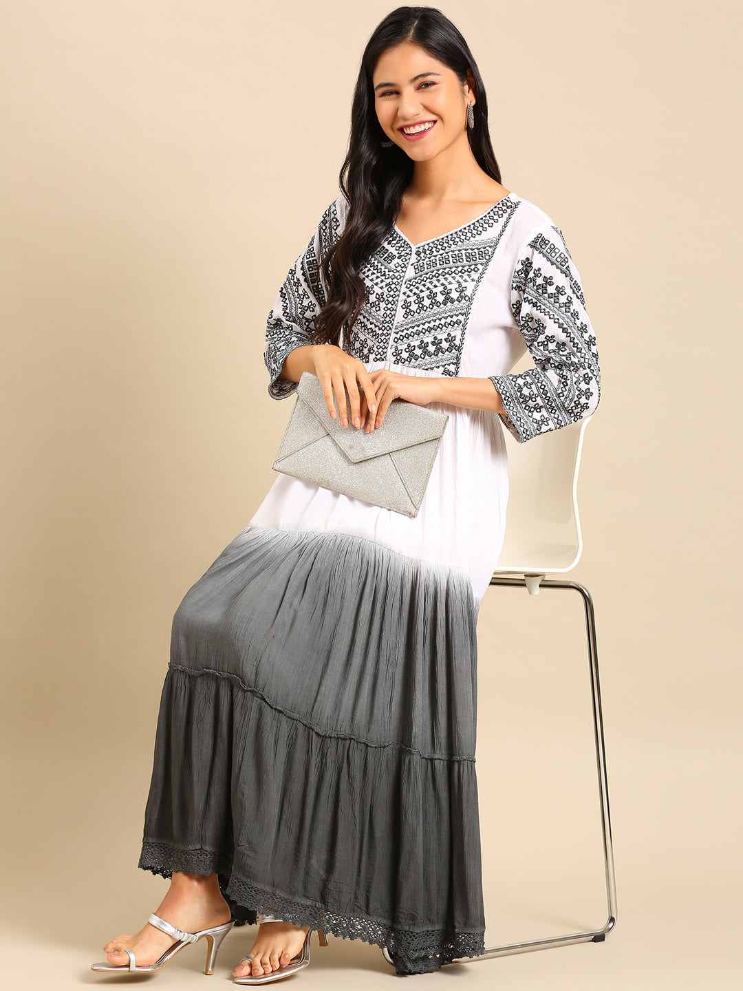 Women's White Embellished Mirror Work Anarkali Kurta