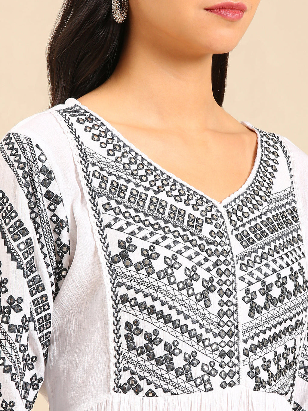 Women's White Embellished Mirror Work Anarkali Kurta