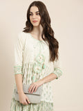 Women's Cream Ethnic Motifs Printed Mirror Work Pure Cotton Anarkali Kurta