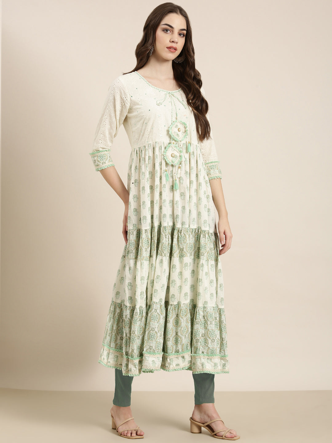 Women's Cream Ethnic Motifs Printed Mirror Work Pure Cotton Anarkali Kurta