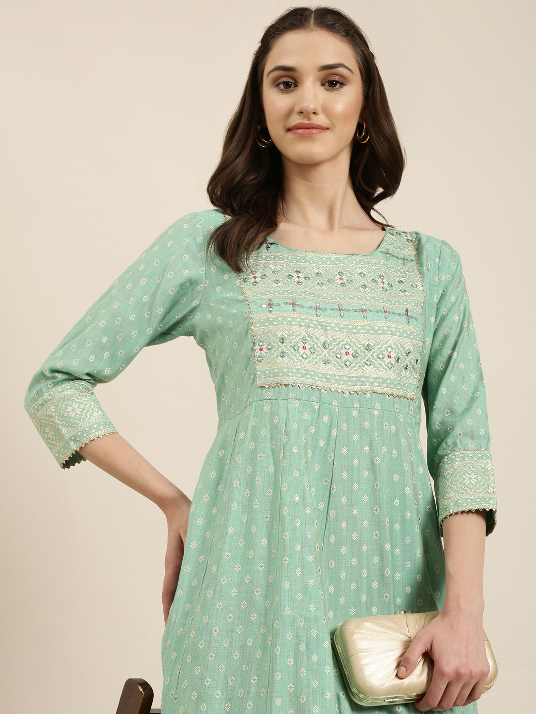 Women's Green Ethnic Motif Printed Thread Work Cotton Silk Anarkali Kurta