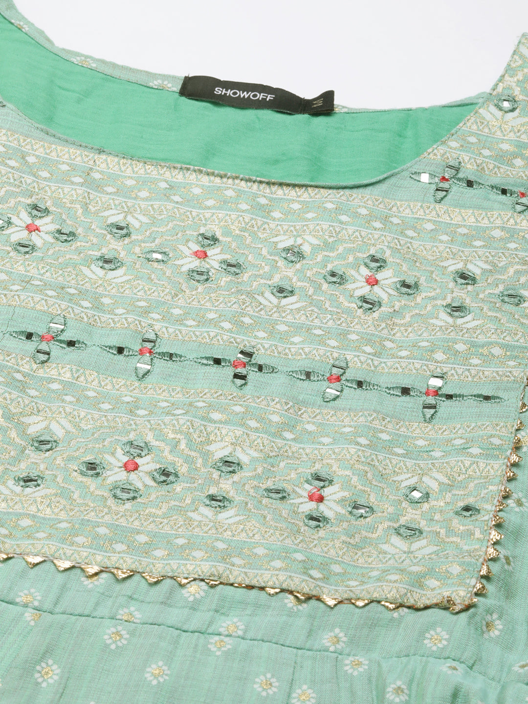 Women's Green Ethnic Motif Printed Thread Work Cotton Silk Anarkali Kurta