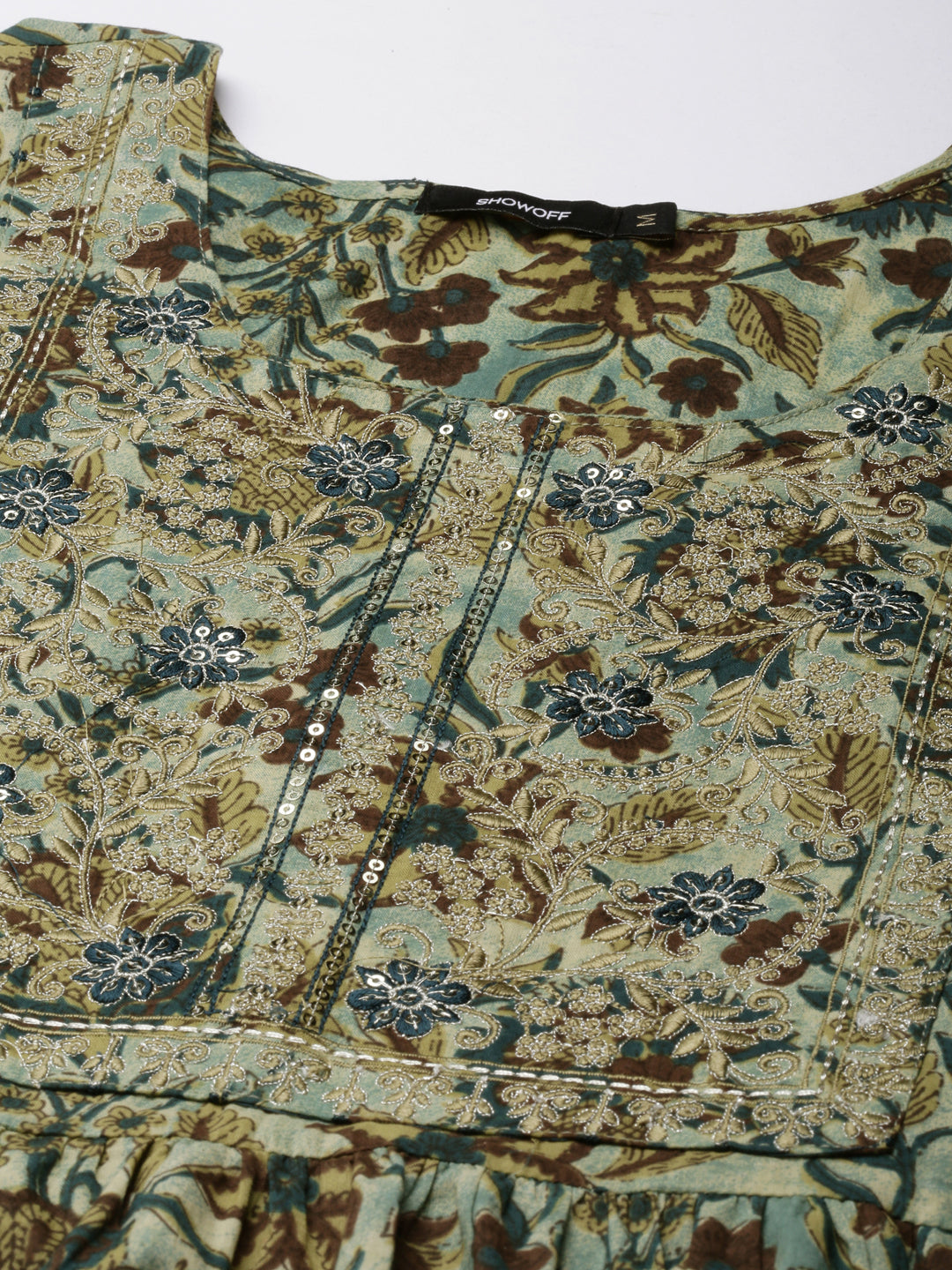 Women's Teal Floral Printed Thread Work A-Line Kurta