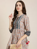 Women's Beige Floral Printed Mandarin Collar Anarkali Kurta