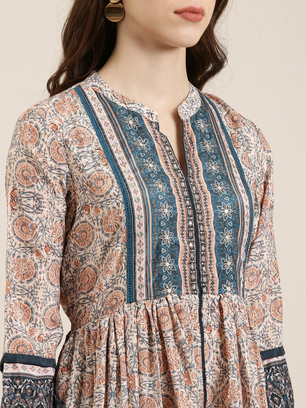 Women's Beige Floral Printed Mandarin Collar Anarkali Kurta