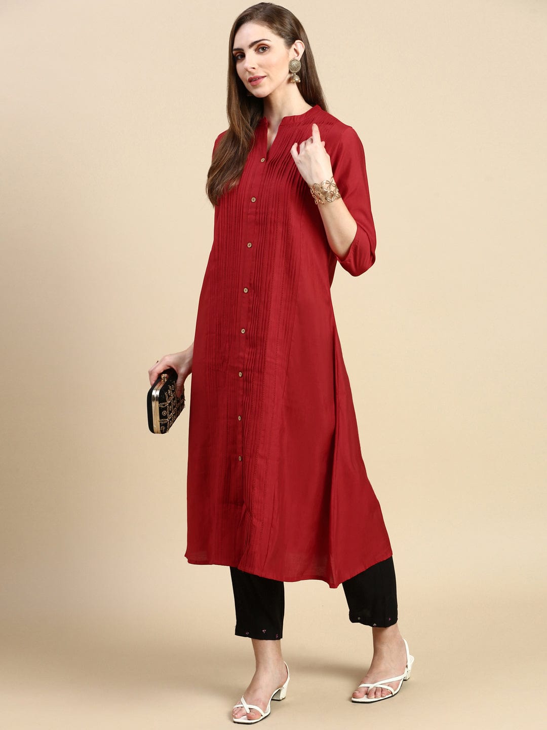 Women's Solid Red A-Line Kurta