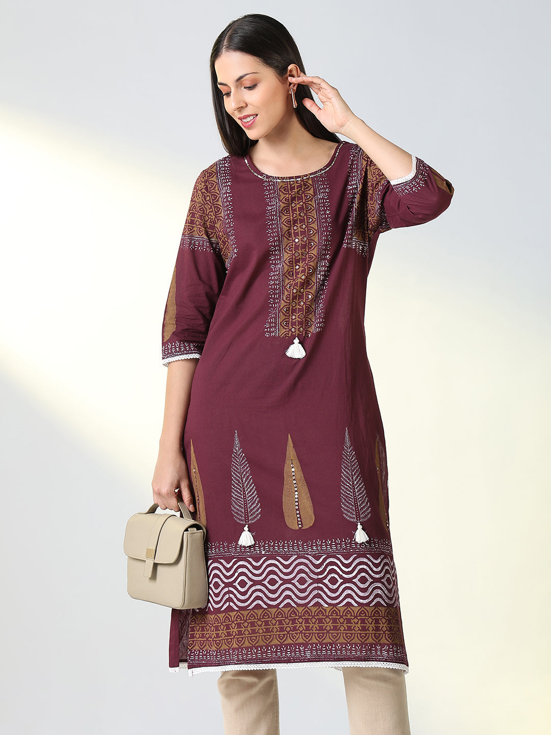 Women's Purple Ethnic Motifs Straight Kurta