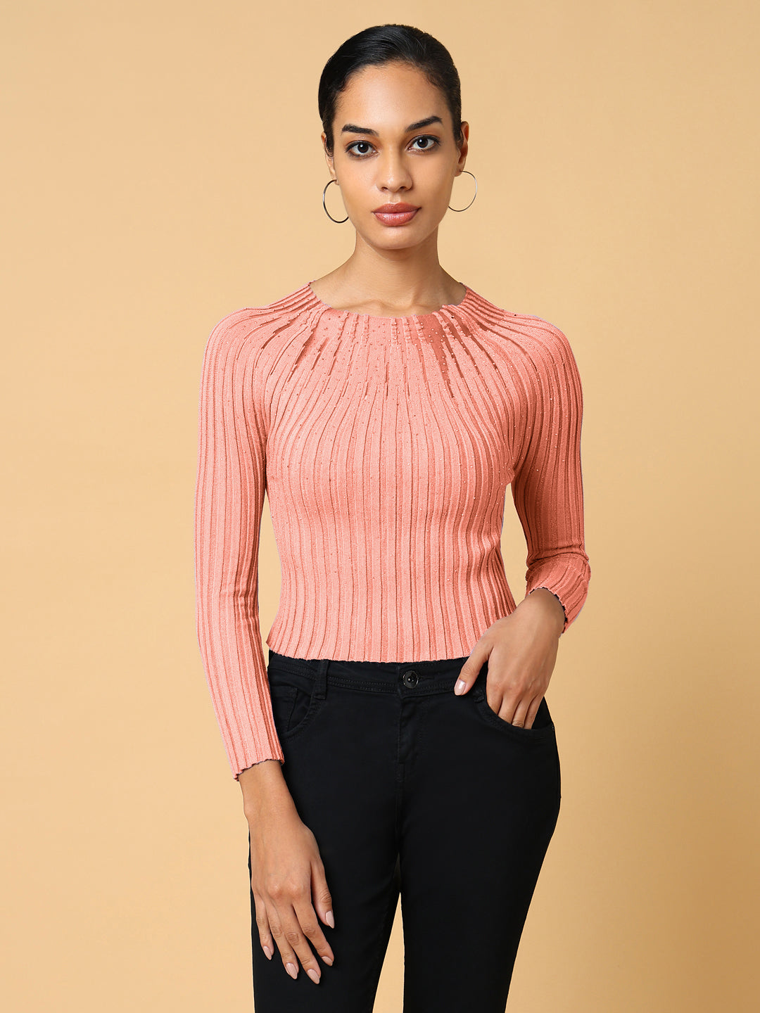 Women's Self Design Peach Round Neck Crochet Top