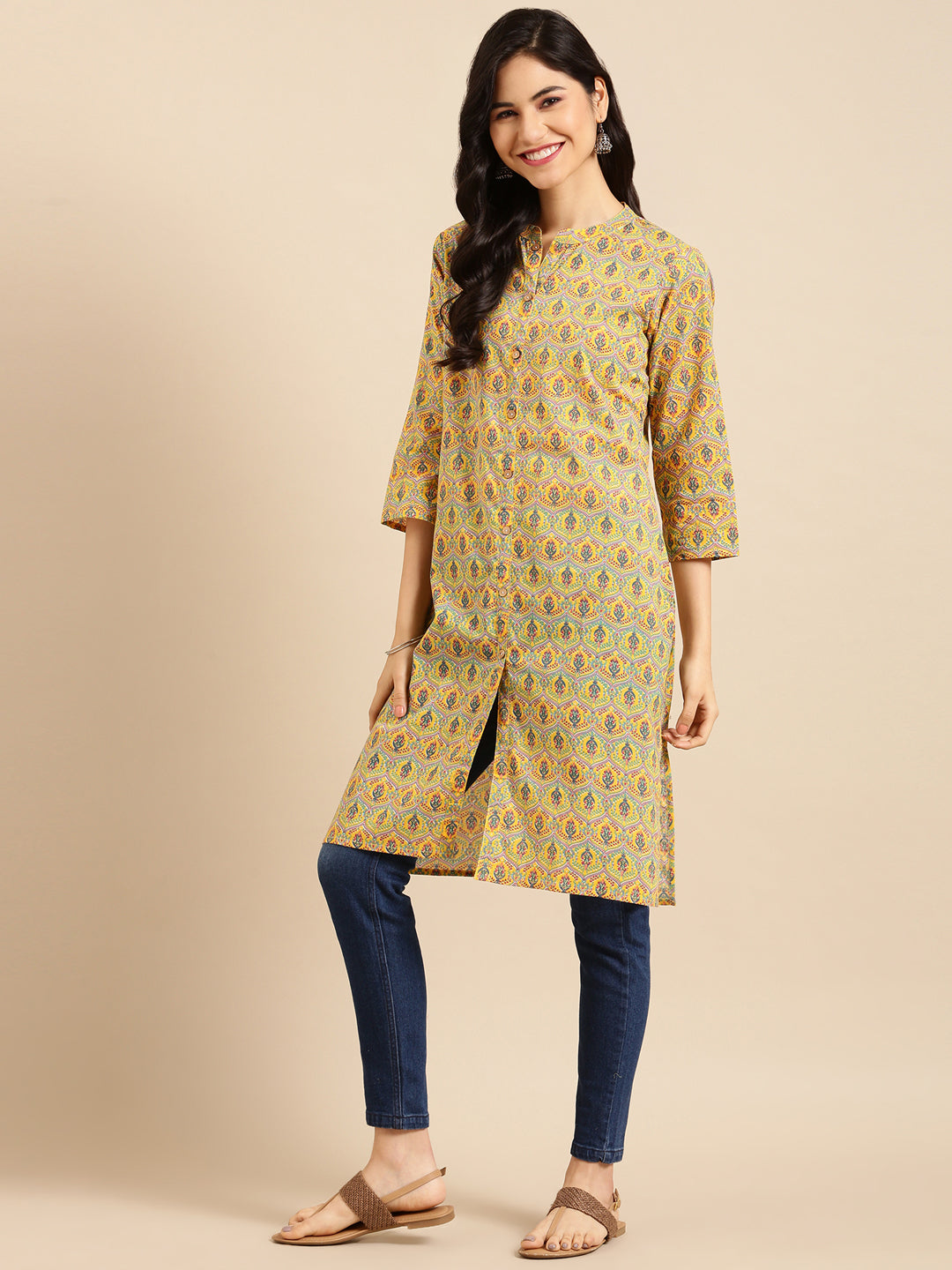 Women's Yellow Cotton Floral Printed Straight Kurta