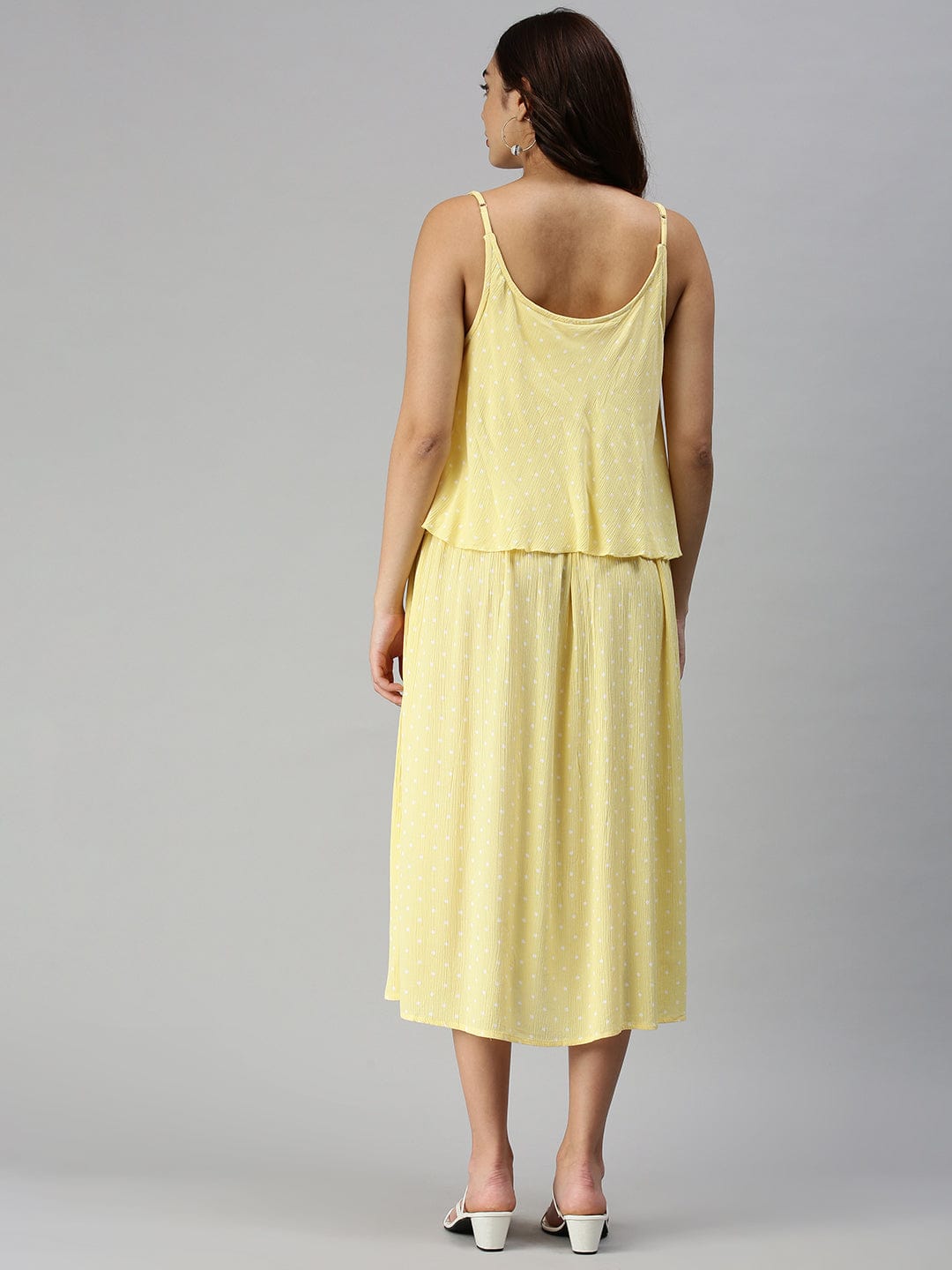 Women's Shoulder Straps Self Design Maxi Yellow Dress